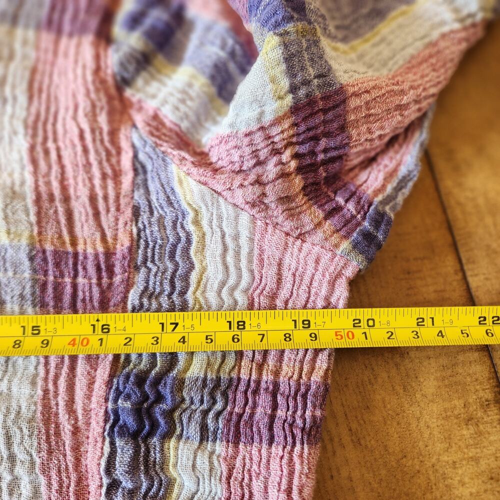 Habitat Top Womens L Pink Gray Plaid Crinkle Button Linen Blend Boho Chic Preppy - Picture 8 of 11